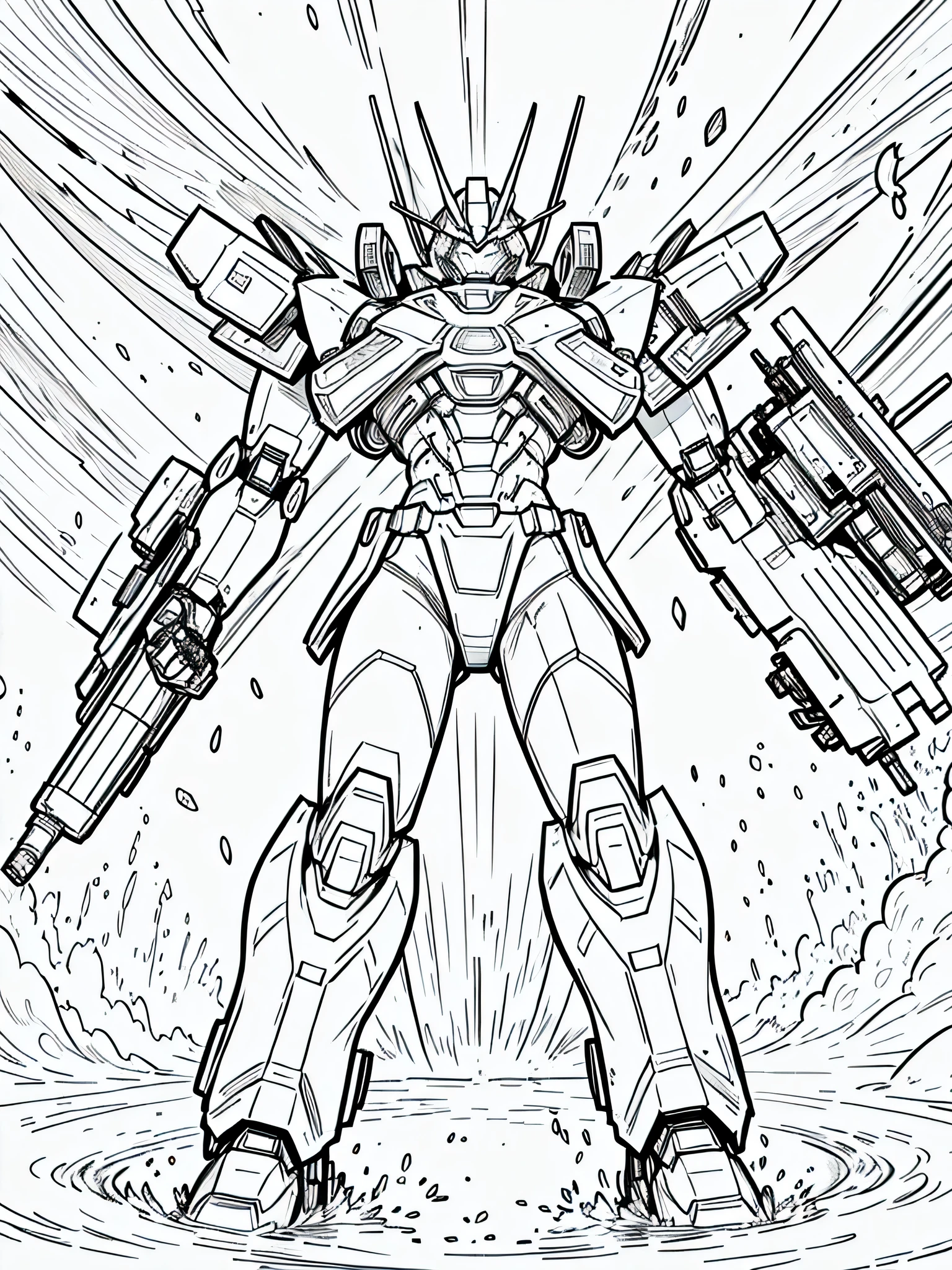 masterpiece, Best Quality, a mecha action pose, closeup Line art, monochrome, clean lines, black and white, his summer, coloring book page,