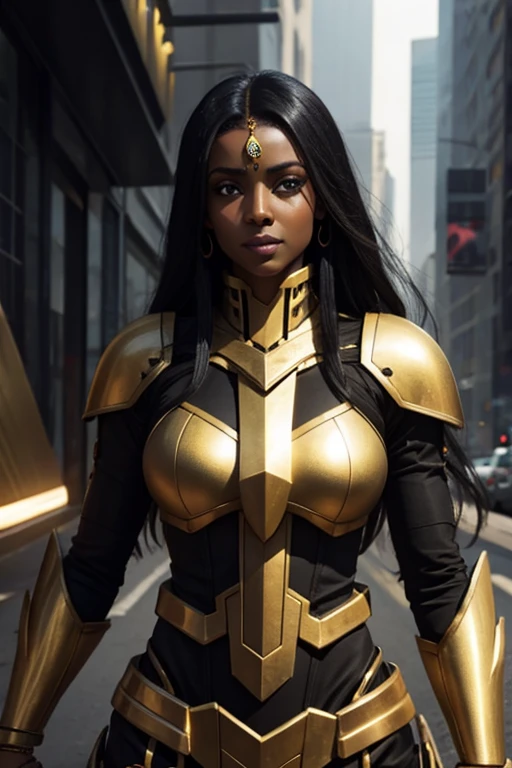 Ethiopian woman, ethnically Ethiopian, muscular and athletic woman, in early thirties, wearing black and gold luxtech, ethnic jewelry, wearing black and gold futuristic mecha armor that has no helmet, cyberpunk themed