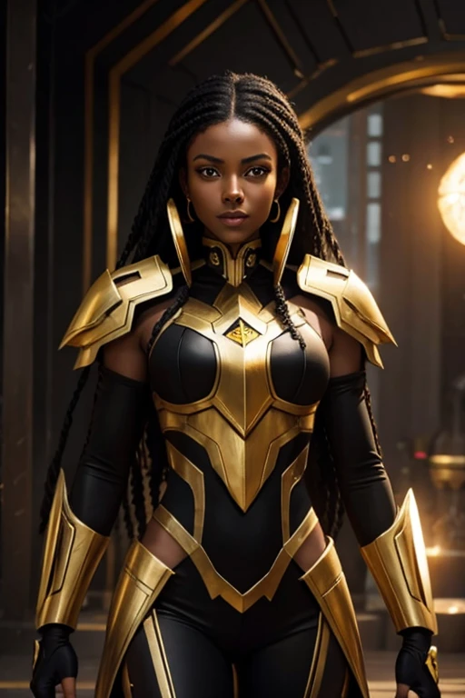 Ethiopian woman, ethnically Ethiopian, muscular and athletic woman, in early thirties, wearing black and gold luxtech, ethnic jewelry, wearing black and gold futuristic mecha armor that has no helmet, cyberpunk themed