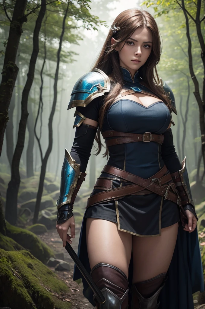 a strong and muscular woman, viking warrior, detailed armor, elsword, shield, russet hair, blue colored eyes, determined expression, background of a dark forest, cinematic style, 8k