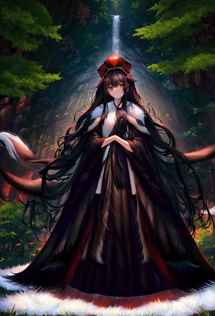 (Pianfei), (Highest quality), Very detailed, 1 girl, Perfect Face, (Full body photo of a person:1.4), Very detailed顔,(Long black hair:1.5),(Brown eyes:1.4),(forestの中で:1.4),((White fur cloak:1.5)),forest,Beautiful tree々,Light,bubble,flower,(forestの中:1.4),Fantasy,((Big waterfall)),((Panorama)), (An elegant work of art), Highest quality, High resolution, (Very detailedな), Anatomically correct, 超High resolution, Textured skin,Depict an image using pointillism, Carefully placed tiny dots of color、Create a cohesive, visually pleasing whole。.