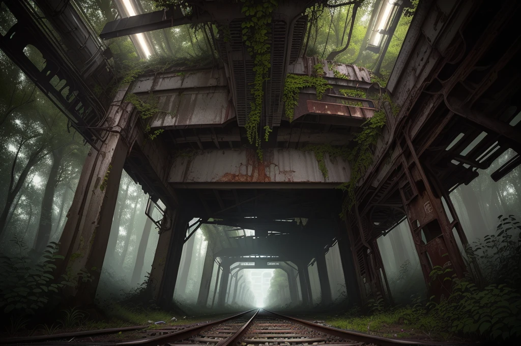 There is a train running under a bridge in the woods, abandoned railroad, an abandoned rusted train, abandoned railroads, Overgrown environment, Overgrown place, Post-apocalyptic atmosphere, an Overgrown, Overgrown, vegetation inspiration, Overgrown city, abandoned, Realistic dark concept art, dieselpunk train station, post apocalyptic scene, Post-End Day Setting ,((low angle shot 1.7)) ((Camera lens close to the ground to shoot 1.8))