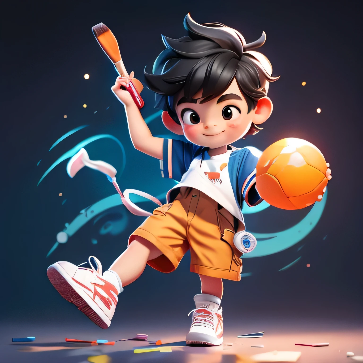 Cute 3D rendering style,Tide play style, with a paintbrush,Wearing a white T-shirt,Black hair,Black eyes,Wear shoes,Happy expression,8K quality,high quality,Soften Tone,Repair face and hands