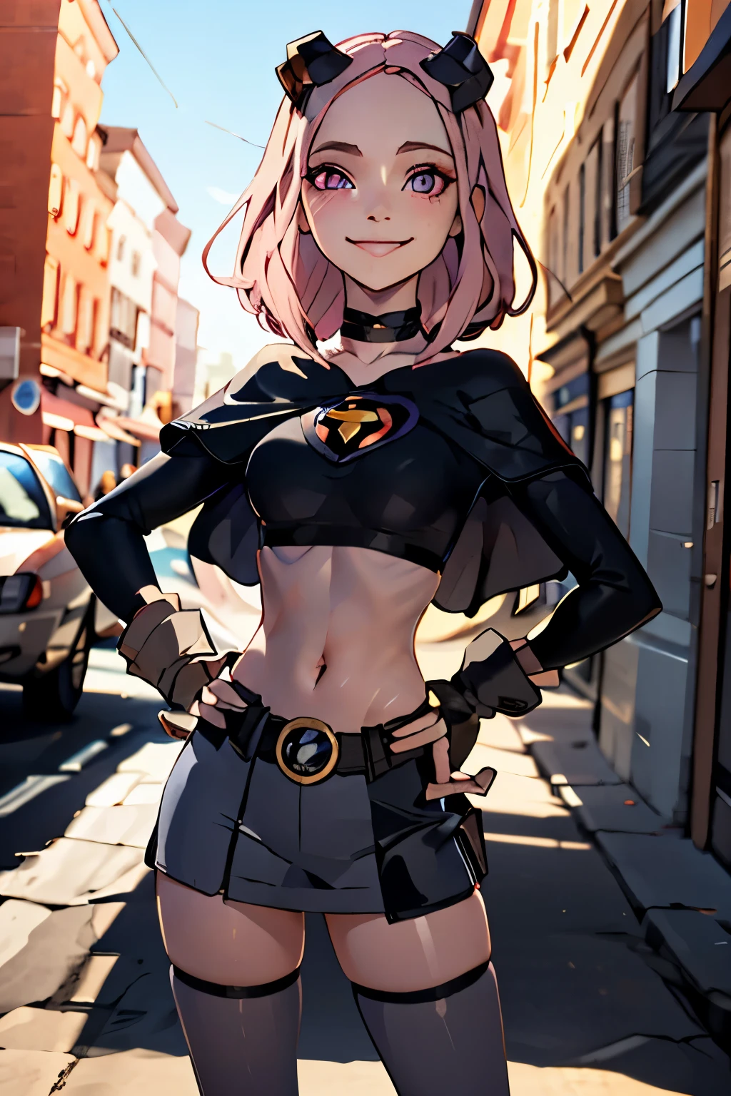 ((masterpiece,best quality)), absurdres, Jinx_TeenTitans,   1girl, curvy, hand on hip, contrapposto, solo, pink eyes, pink hair, grey skin, hair up, pale skin, medium hair, hair horns, choker, striped pantyhose, capelet, black dress, jewelry,  solo, smiling, looking at viewer, cowboy shot,