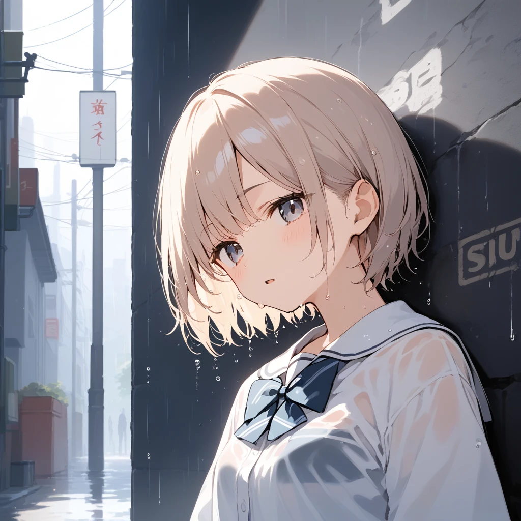 score_9, score_8_up, score_7_up, source_anime, best quality, masterpiece, official art, absurdres, highres, ultra-detailed,waifu2x,Collection: Slice of Life,break,1girl, very short hair, bob cut, small breasts, beautiful detailed eyes, expressionless, open mouth, (yawn:0.3), wet, wet clothes, school_uniform, see-through shirt, underwear, sleepily, rainy, outdoors, against wall, alley, break,(clear line illustration:1.2), super detailed skin,very high resolution, very aesthetic, Best sexual lighting powered by famous artist, 8k,cute picture,beauty illustration,photoshop_(medium),,(Detailed Lighting),best anime 8k konachan wallpaper, pixiv contest winner,