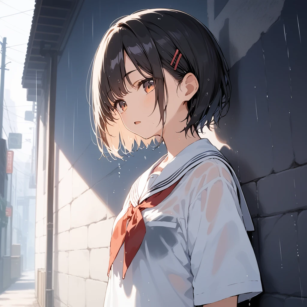 score_9, score_8_up, score_7_up, source_anime, best quality, masterpiece, official art, absurdres, highres, ultra-detailed,waifu2x,Collection: Slice of Life,break,1girl, very short hair, bob cut, small breasts, beautiful detailed eyes, expressionless, open mouth, (yawn:0.3), wet, wet clothes, school_uniform, see-through shirt, underwear, sleepily, rainy, outdoors, against wall, alley, break,(clear line illustration:1.2), super detailed skin,very high resolution, very aesthetic, Best sexual lighting powered by famous artist, 8k,cute picture,beauty illustration,photoshop_(medium),,(Detailed Lighting),best anime 8k konachan wallpaper, pixiv contest winner,