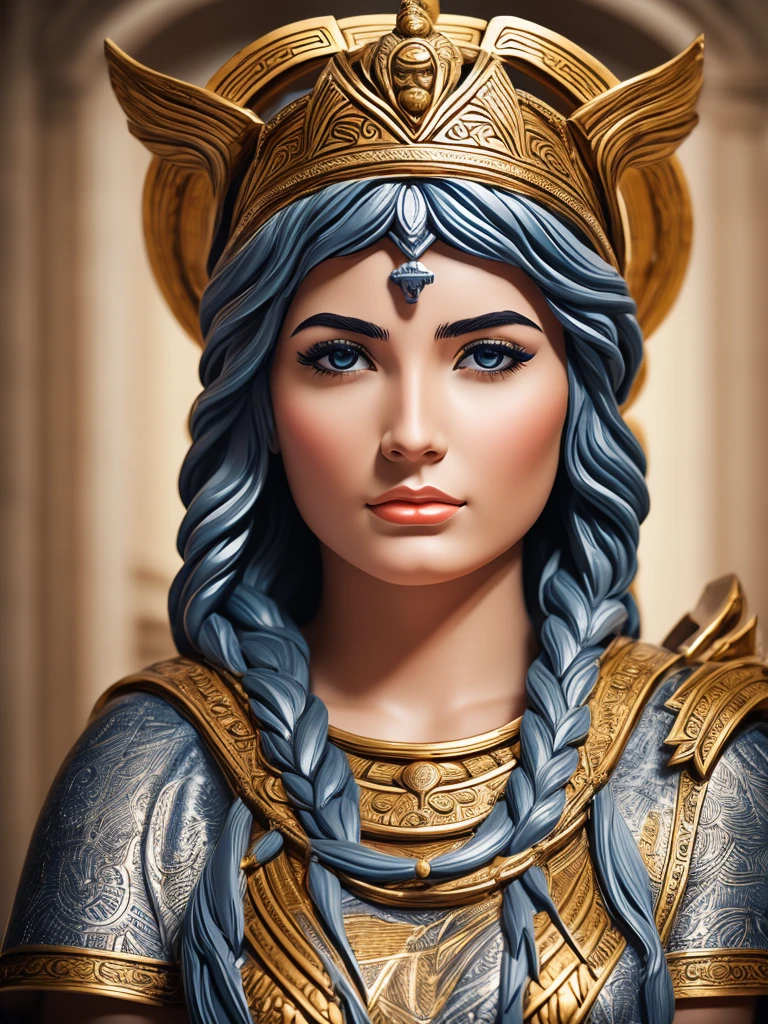 Make a portrait of the goddess Athena&#39;s face, only your face appears from the front, with the war helmet made of an owl. All this in line engraving style