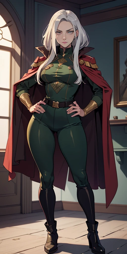 A woman with long platinum bob hair, white arched crescent eyebrows, sharp and determined eyes, a delicate oval face, a serious expression, a fantasy-style dark green military coat, draped with a dark red waist-length cloak, military trousers, military leather combat boots (silver greaves leggings) one hand on her hip and the other on her chest proudly, red cheeeks heavy makeup, standing in a spacious training ground, this character embodies a finely crafted fantasy-style female military officer in anime style, exquisite and mature manga art style, pale skin, high definition, best quality, highres, ultra-detailed, ultra-fine painting, extremely delicate, professional, perfect body proportions, golden ratio, anatomically correct, symmetrical face, extremely detailed eyes and face, high quality eyes, creativity, RAW photo, UHD, 32k, Natural light, cinematic lighting, masterpiece-anatomy-perfect, masterpiece:1.5