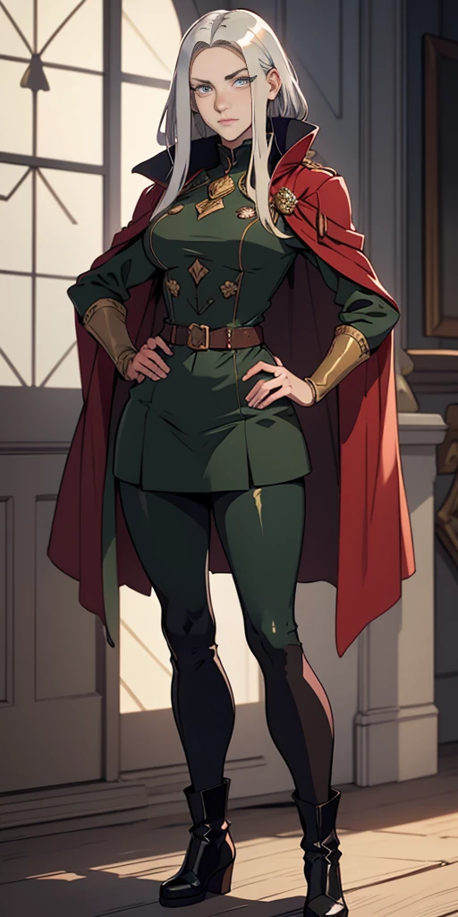 A woman with long platinum bob hair, white arched crescent eyebrows, sharp and determined eyes, a delicate oval face, a serious expression, a fantasy-style dark green military coat, draped with a dark red waist-length cloak, military trousers, military leather combat boots (silver greaves leggings) one hand on her hip and the other on her chest proudly, red cheeeks heavy makeup, standing in a spacious training ground, this character embodies a finely crafted fantasy-style female military officer in anime style, exquisite and mature manga art style, pale skin, high definition, best quality, highres, ultra-detailed, ultra-fine painting, extremely delicate, professional, perfect body proportions, golden ratio, anatomically correct, symmetrical face, extremely detailed eyes and face, high quality eyes, creativity, RAW photo, UHD, 32k, Natural light, cinematic lighting, masterpiece-anatomy-perfect, masterpiece:1.5