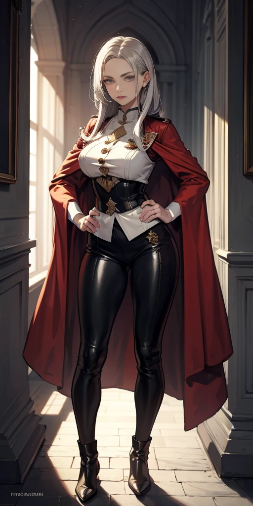 A woman with long platinum bob hair, white arched crescent eyebrows, sharp and determined eyes, a delicate oval face, a serious expression, a fantasy-style dark green military coat, draped with a dark red waist-length cloak, military trousers, military leather combat boots (silver greaves leggings) one hand on her hip and the other on her chest proudly, red cheeeks heavy makeup, standing in a spacious training ground, this character embodies a finely crafted fantasy-style female military officer in anime style, exquisite and mature manga art style, pale skin, high definition, best quality, highres, ultra-detailed, ultra-fine painting, extremely delicate, professional, perfect body proportions, golden ratio, anatomically correct, symmetrical face, extremely detailed eyes and face, high quality eyes, creativity, RAW photo, UHD, 32k, Natural light, cinematic lighting, masterpiece-anatomy-perfect, masterpiece:1.5