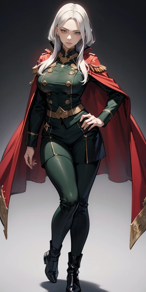 A woman with long platinum bob hair, white arched crescent eyebrows, sharp and determined eyes, a delicate oval face, a serious expression, a fantasy-style dark green military coat, draped with a dark red waist-length cloak, military trousers, military leather combat boots (silver greaves leggings) one hand on her hip and the other on her chest proudly, red cheeeks heavy makeup, standing in a spacious training ground, this character embodies a finely crafted fantasy-style female military officer in anime style, exquisite and mature manga art style, pale skin, high definition, best quality, highres, ultra-detailed, ultra-fine painting, extremely delicate, professional, perfect body proportions, golden ratio, anatomically correct, symmetrical face, extremely detailed eyes and face, high quality eyes, creativity, RAW photo, UHD, 32k, Natural light, cinematic lighting, masterpiece-anatomy-perfect, masterpiece:1.5