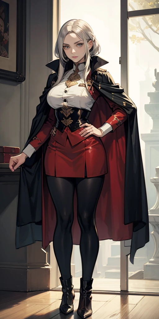 A woman with long platinum bob hair, white arched crescent eyebrows, sharp and determined eyes, a delicate oval face, a serious expression, a fantasy-style dark green military coat, draped with a dark red waist-length cloak, military trousers, military leather combat boots (silver greaves leggings) one hand on her hip and the other on her chest proudly, red cheeeks heavy makeup, standing in a spacious training ground, this character embodies a finely crafted fantasy-style female military officer in anime style, exquisite and mature manga art style, pale skin, high definition, best quality, highres, ultra-detailed, ultra-fine painting, extremely delicate, professional, perfect body proportions, golden ratio, anatomically correct, symmetrical face, extremely detailed eyes and face, high quality eyes, creativity, RAW photo, UHD, 32k, Natural light, cinematic lighting, masterpiece-anatomy-perfect, masterpiece:1.5