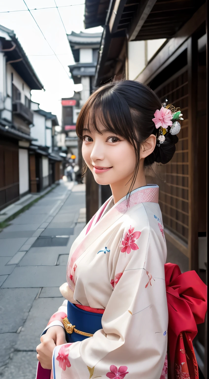 Professional Lighting,(Realistic:1.4), (Top image quality:1.0), (超High resolution:1.0), 8k, Raw photography, (masterpiece:0.2), (Dealing with the Children_v1:0.5)、(最高quality Detail:1.2)、Realistic、8kウルトラHD、High resolution、(1 girl:1.2)、超detailedな、High quality textures、複雑なdetailed、detailed、Very detailed CG、High quality shadows、detailed 美しく繊細な顔、Beautiful details and a delicate eye、(Symmetrical eyes:1.2),Written boundary depth、Ray Tracing,1 girl, Japanese Girls, (Natural smile:1.4),cute, thin, Portrait of a beautiful Japanese woman in a kimono, Standing elegantly on a street corner in Kyoto. Kimono with vibrant traditional patterns, Hair decorated with elegant and delicate hairpins, Gentle expression. (With the old streets of Kyoto in the background:1.4)、The soft light of a spring afternoon、Adding tranquility to the scene. Rendered in a Realistic style with great attention to detail, High resolutionの画像.Sky ????, Magic Hour, (Realistic:1.3), finely, quality, (Tabletop:1.2), (Realistic:1.2), (最高quality), (複雑なdetailed), dramatic, Ray Tracing, photograph, +roller