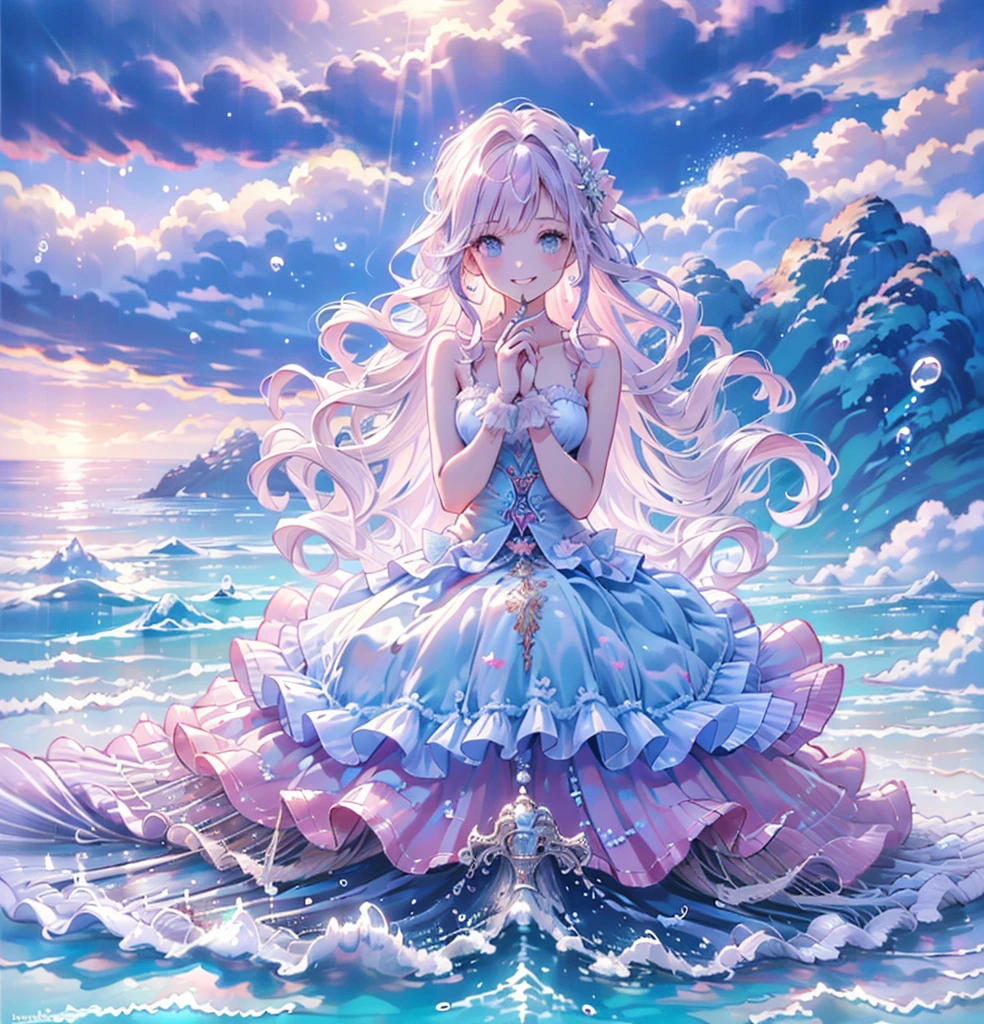 (Exquisite, beautiful, Very detailed, masterpiece, high quality, Confused, High resolution, Full HD, 16K), (woman,Mermaid),(Sitting on a large white shell),((Happy, fun, smile, Laughter:1.3)), (Bob, Wavy Hair, Pink Hair), ((bare hands:1.5)),Purple eyes, ((Sing a song:1.5)),Big eyes, Fair skin, slim,( Soft Edge, Soft lines), Wide Shot, (Saturated colors, Bright colors, pastel colour), (under the beautiful sea, Sea), Dramatic lighting, Warm lighting, Soft lighting, Fantasy, Romantic atmosphere, Dreamy atmosphere, floating