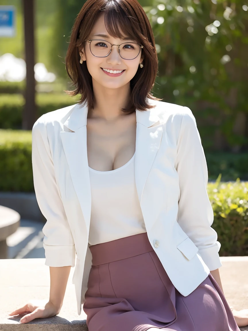 Tabletop, 最high quality, Realistic, In detail, High resolution,Beautiful Japanese Woman,Beautiful attention to detail, Beautiful lip detail, Very detailed顔, Small Head, Small areola, Cinema Lighting, Realistic, 8k, high quality, Very detailed, look at me,smile,(short hair:1.2),(Random outdoor locations),(Mid-chest),(Inoue Kiyokana),(whole body),thin,Beautiful feet,(Cleavage),(Sexy pose),mini skirt、Glasses、((Upper body naked、Nipples))、smile、White jacket