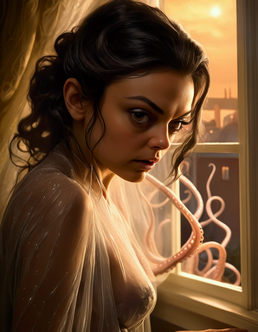 Mila Kunis (age 25, sheer night gown) in a trance in her bedroom looking out her window, UFO outside window extends giant eldritch slimy tentacles to Mila
