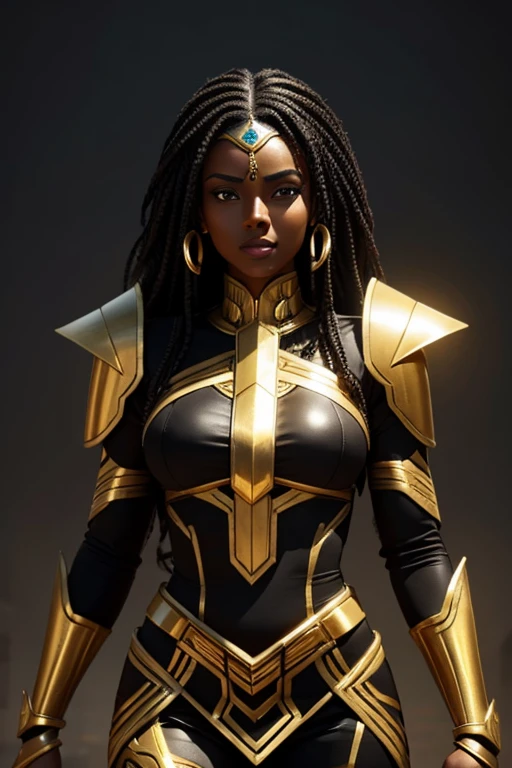 Ethiopian woman, ethnically Ethiopian, muscular and athletic woman, in early thirties, wearing black and gold luxtech, ethnic jewelry, wearing black and gold futuristic power armor that has no helmet, cyberpunk themed