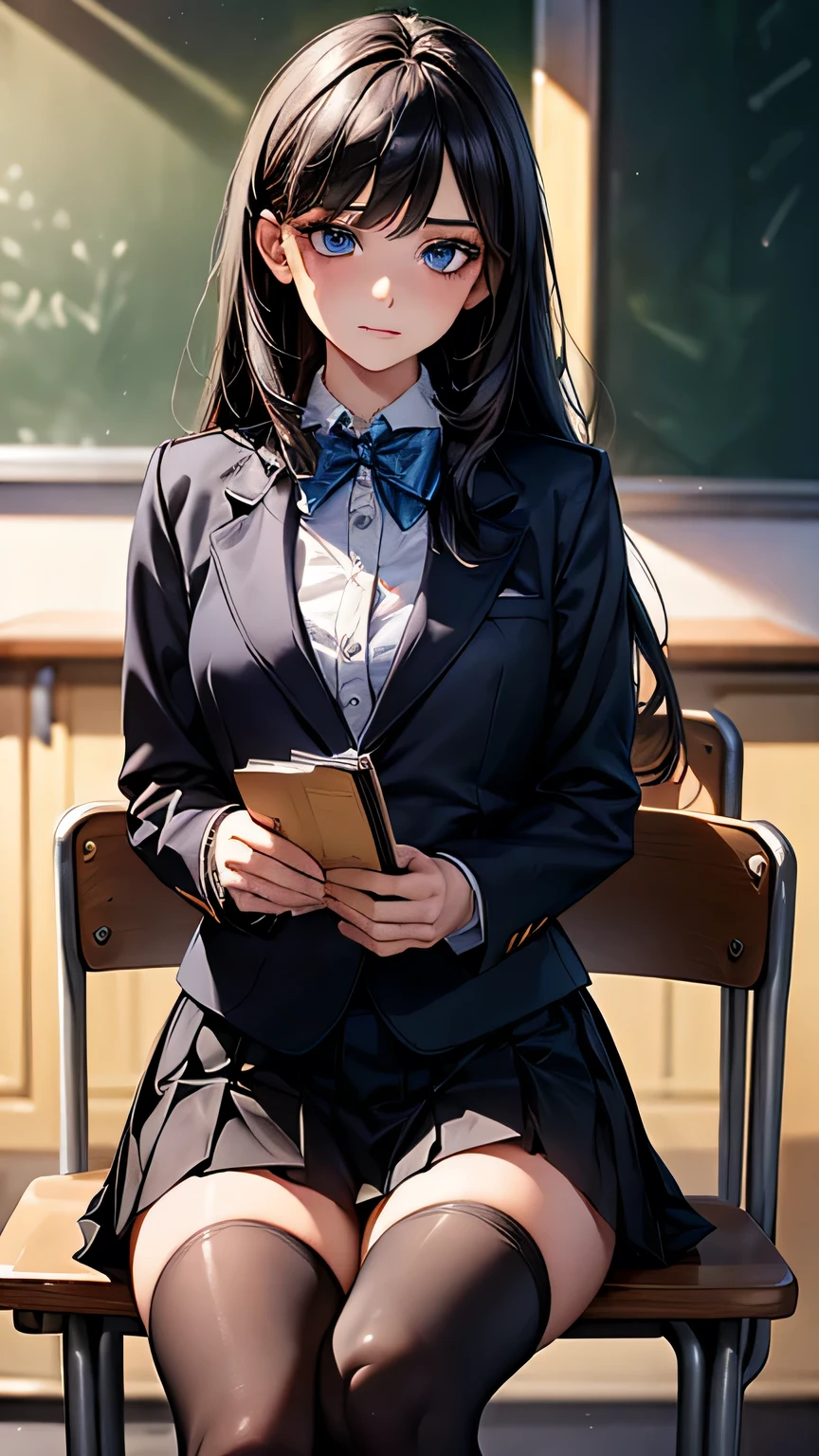 (masterpiece, Highest quality:1.2), (Realistic, photoRealistic:1.3), Browsing Caution, View your viewers, 1 girl, high school girl, Perfect Face, Glowing Skin, (Long Hair),Black Hair, Blue eyes, Long eyelashes, Beautiful Hair, Beautiful Face, Beautiful attention to detail, (Blazer uniform, Pleated mini skirt,Black Stockings), A bow tie, (Tense face),Sitting on a chair in the classroom,Holding a book
