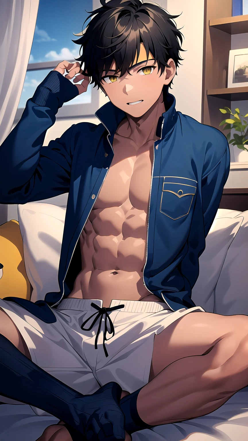 masterpiece, Highest quality, One boy, alone, Men&#39;s Center, Angra Mainyu, bandana, bandage, bubble gum, chewing gum, sofa, Black jacket, Black shorts, Lie in, behind, White shirt,
