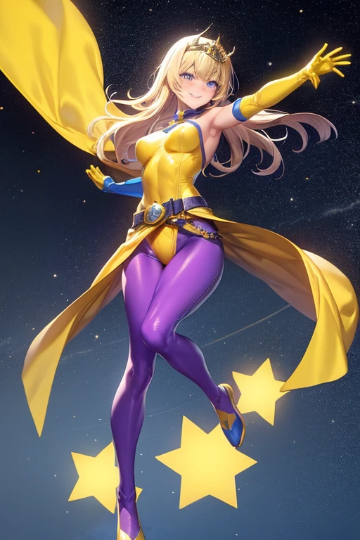 ((best quality)), ((masterpiece)), (detailed), 1 girl, Full body, 19 years old, Smiling face, Blue eyes, Star-shaped tiara, Arms outstretched, Arms behind waist, Blue superhero mask, Blushing, Blonde hair, Straight hair, Long hair, Bangs, Hair ornaments, Star hair ornaments, Full body, Medium breasts, Slim body, Hands with yellow stars, Yellow wristbands, Long purple gloves, Blue gloves, Blue gloves, Superhero costume, Superheroes, Yellow leotard suit, With a big yellow star in the center, Star emblem, Somewhat tight, Long yellow cape on waist, Red belt, Purple legs, Purple pantyhose, Long blue boots, Flying, City background, Anime