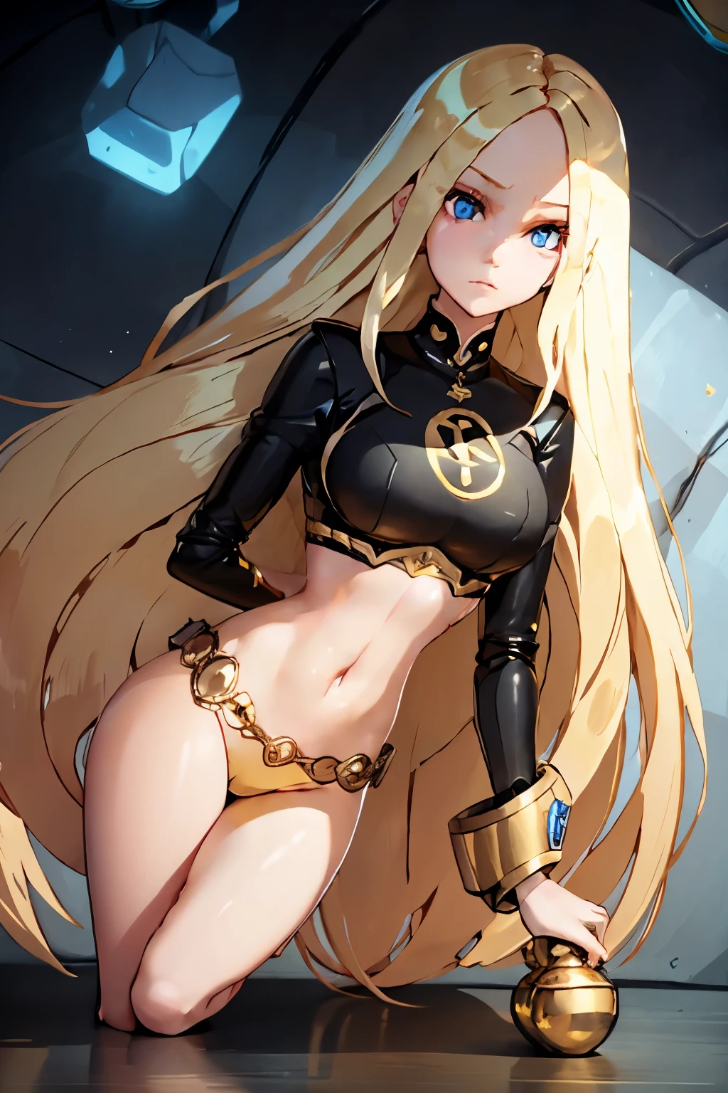 the toy doll is dressed in a gold outfit with blonde hair long, 1girl, long hair, solo, navel, looking at viewer, blonde hair, blue eyes, midriff, parted bangs, lips, long sleeves, very long hair, bangs, arms at sides