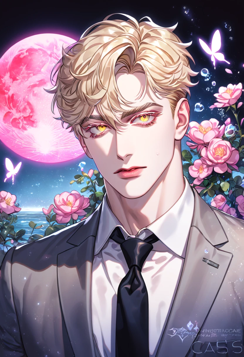 (absurdres, highres, ultra detailed, HDR) master piece, best quality, extremely detailed face, delicated features, Sung Hyunjae, ash-blonde hair, expressive yellow eyes, blonde eyelashes, The S-Classes That I Raised, solo, sexy man, handsome, gray suit, black necktie, white shirt, fantasy, magical, water, pink moon, pink flowers, pink butterflies, garden