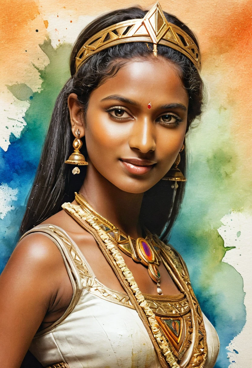 Painting of a ancient hindu goddess (((mythical))), , watercolor, erotic sexy triangle half body, clear face, glamourous, cinematic light, raw painting, fine arts, ((((Raw detail)))), masterpiece, Extremely Realistic, Realism, Portrait, Raw photo, cinematic neon lighting, oil painting, High detailed , brushed, Extremely Realistic, r4w photo, klmgirl,High-resolution detail capturing the natural texture of the skin, including pores, fine lines, and natural highlights and shadows, Emphasize a natural, healthy glow, showcasing the beauty of real dark skin, A graceful, confident posture with a gentle smile or a serene expression
