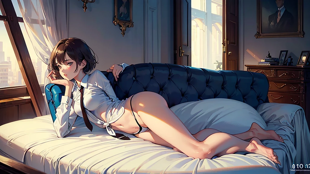 masterpiece,(Perfect Anatomy:1.5), highest quality, a lady , slender, leggy, Seductive, short hair, brown hair, (wear a white long sleeved shirt, tie:1.5), white bikini panties , Perfect hands, Perfect body, reclining, lying on a sofa, leg up , shirt lift, (barefoot), looking away, ((Exquisite detail)), Very finely crafted fingers(((10 fingers))), (((two legs))), (full body showcase), (Show your whole body), (no background), (No logo) , high resolution, parted lips, pov