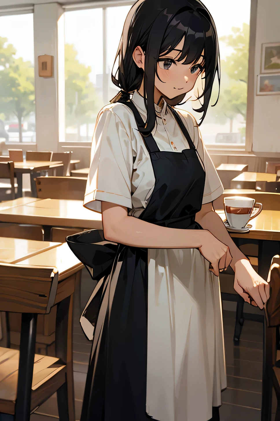 cafe,Employee,table cleaning,black hair,apron