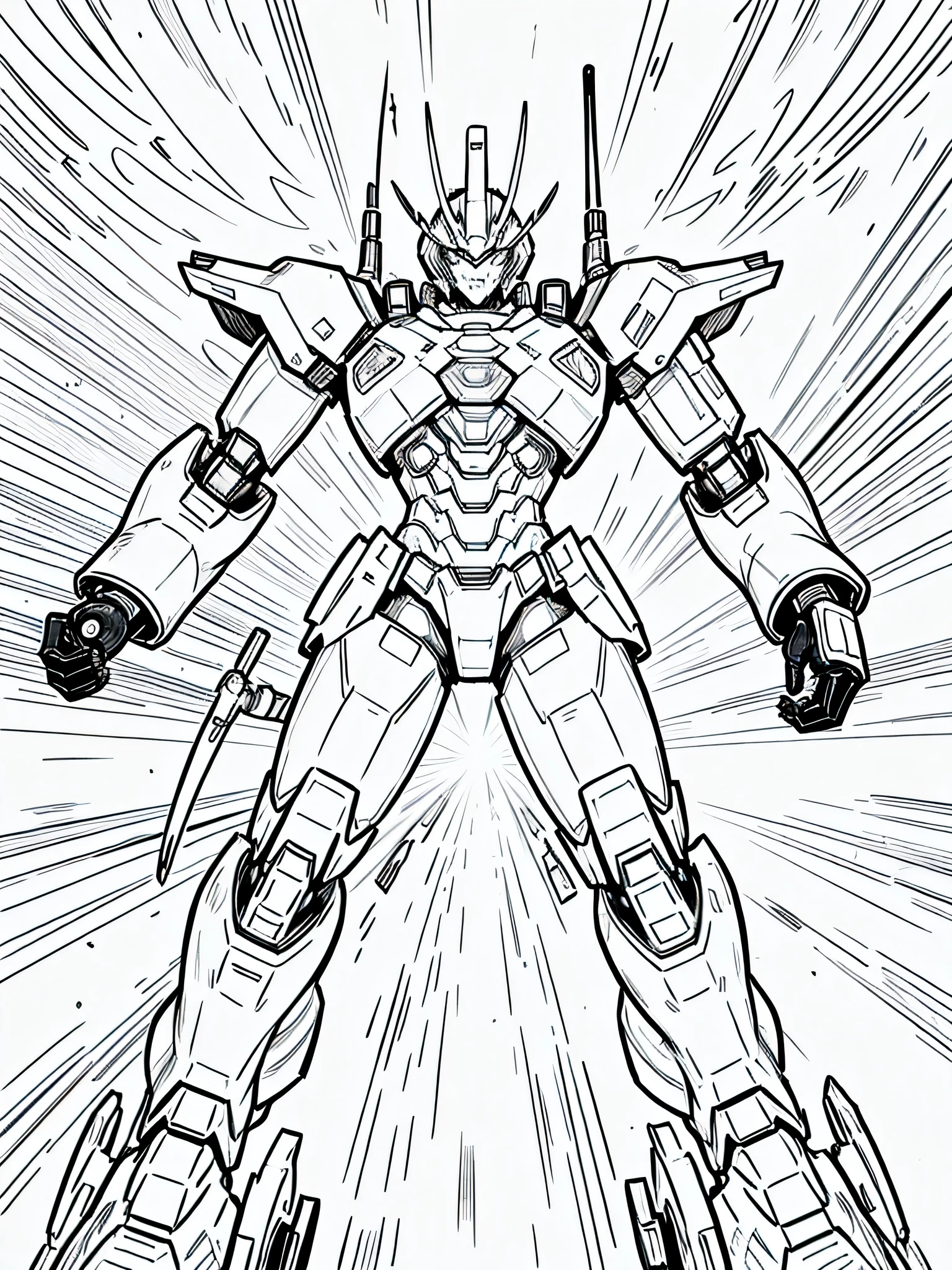 masterpiece, Best Quality, a mecha action pose, closeup Line art, monochrome, clean lines, black and white, his summer, coloring book page,  
