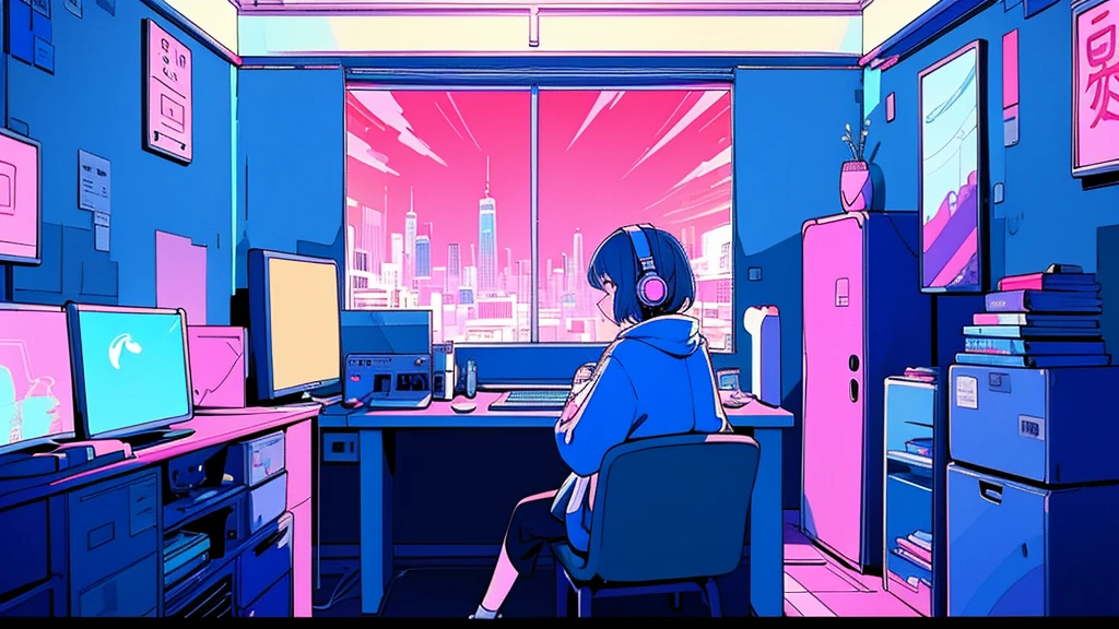 (From behind), Anime girl sitting in front of a computer in a cozy bedroom, Girl listening to music while studying in a cozy room (night), Use headphones, On the roof, (beautiful night views from windows), Lots of things, 2D Anime Style, The aesthetics of anime in the 90s, Lo-Fi, Very detailed, hard disk, A mix of anime style and Fujifilm, Surreal, 8k, masterpiece