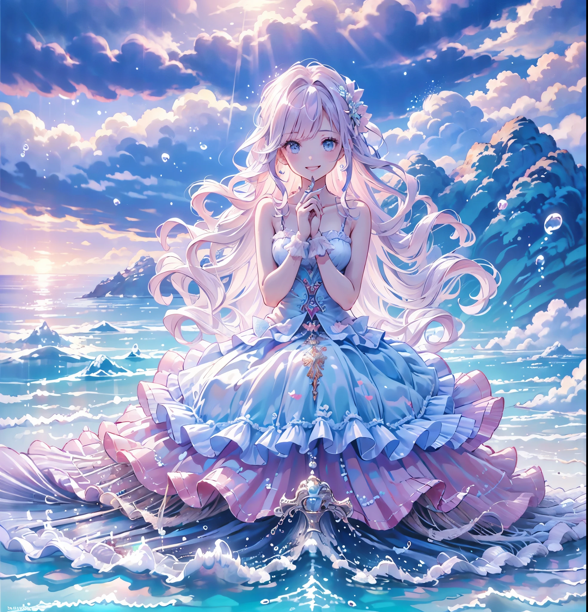 (Exquisite, beautiful, Very detailed, masterpiece, high quality, Confused, High resolution, Full HD, 16K), (woman,Mermaid),(Sitting on a large white shell),((Happy, fun, smile, Laughter:1.3)), (Bob, Wavy Hair, Pink Hair), ((bare hands:1.5)),Purple eyes, ((Sing a song:1.5)),Big eyes, Fair skin, slim,( Soft Edge, Soft lines), Wide Shot, (Saturated colors, Bright colors, pastel colour), (under the beautiful sea, Sea), Dramatic lighting, Warm lighting, Soft lighting, Fantasy, Romantic atmosphere, Dreamy atmosphere, floating