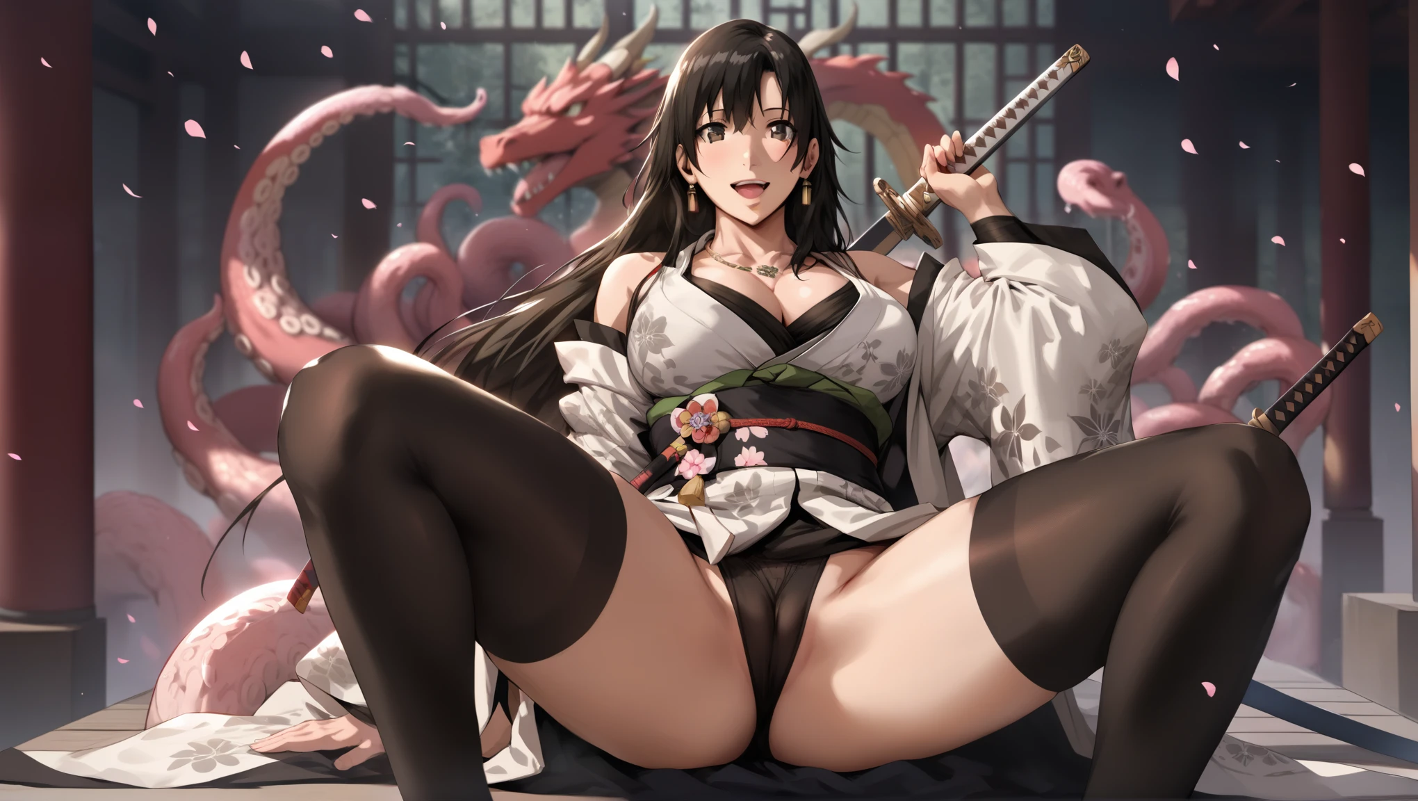 (hews art style:0.7), (hero neisan art style:0.7), score_9, score_8_up, score_7_up, score_6_up, score_5_up, score_4_up, uncensored, shizuka hiratsuka, long hair, black hair, black eyes, BREAK (masterpiece:1.2), best quality, high resolution, (detailed eyes:1.3), perfect lighting, (perfect hands, perfect anatomy), 1girl, breasts, japanese clothes, large breasts, solo, weapon, sword, kimono, magatama, katana, sash, jewelry, thighhighs, cleavage, smile, obi, thighs, earrings, rope belt, sitting, magatama necklace, wide sleeves, looking at viewer, white kimono, open mouth, necklace, detached sleeves, grey kimono, cherry blossoms, black thighhighs, holding weapon, holding, holding sword, long sleeves, bare shoulders, dragon print, weapon over shoulder, spread legs, backlighting, tentacles,