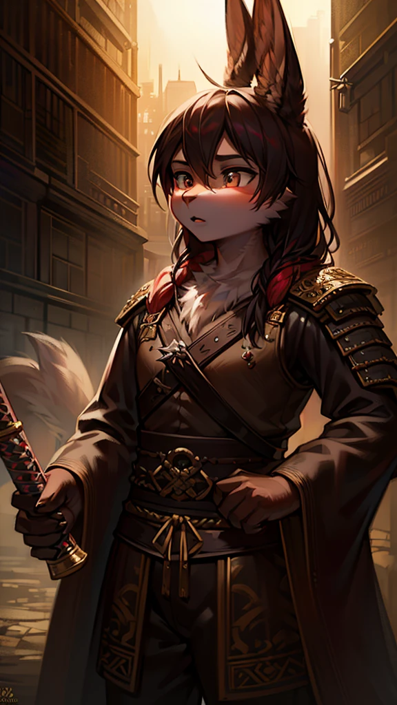 detailed portrait of a black-furred rabbit holding two katanas wearing a bounty hunter outfit, hyper-realistic, 8k, highly detailed, masterpiece, intricate details, cinematic lighting, dramatic shadows, vibrant colors, digital art