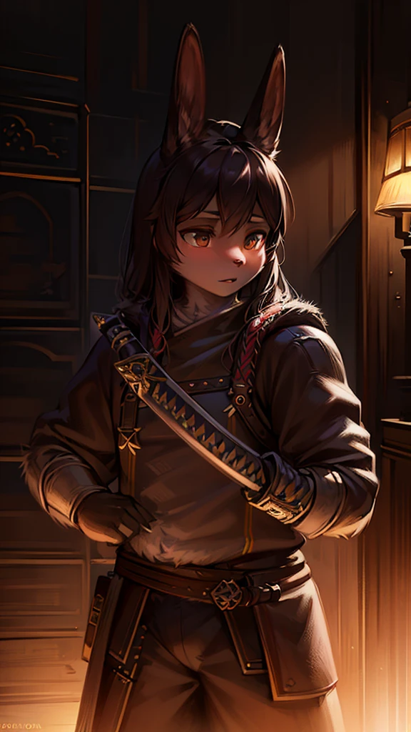detailed portrait of a black-furred rabbit holding two katanas wearing a bounty hunter outfit, hyper-realistic, 8k, highly detailed, masterpiece, intricate details, cinematic lighting, dramatic shadows, vibrant colors, digital art