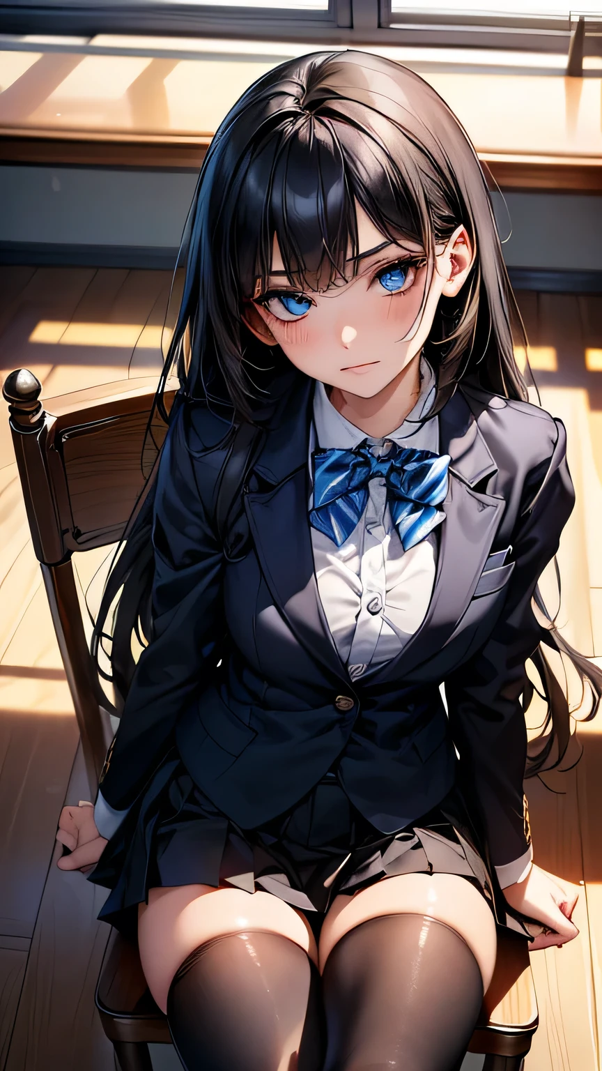 (masterpiece, Highest quality:1.2), (Realistic, photoRealistic:1.3), Browsing Caution, View your viewers, 1 girl, high school girl, Perfect Face, Glowing Skin, (Long Hair),Black Hair, Blue eyes, Long eyelashes, Beautiful Hair, Beautiful Face, Beautiful attention to detail, (Blazer uniform, Pleated mini skirt,Black Stockings), A bow tie, (Tense face),Sitting on a chair in the classroom,Holding a book