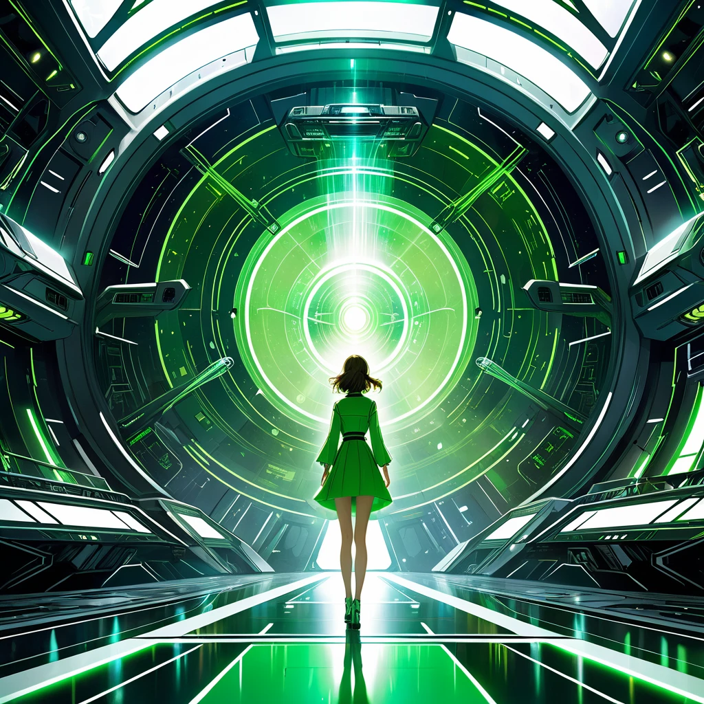 ((masterpiece)) epic scene, movie poster, cinema, kinematics, hologram of a young woman looking green, in the center of a spaceship hangar.