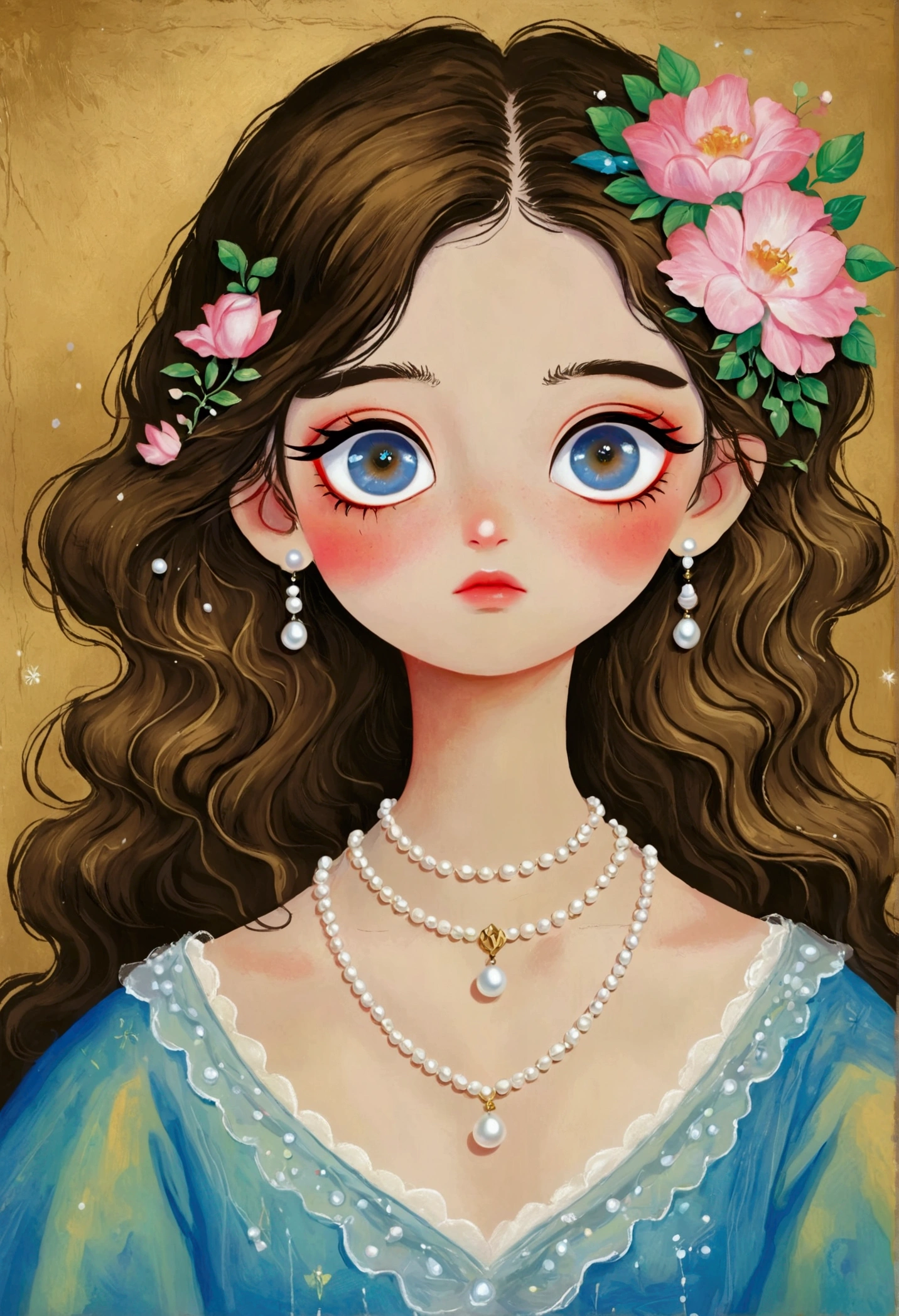 A painting，Pastel Art。Q version，Girl with a pearl necklace，big eyes，Leonardo da Vinci Art
