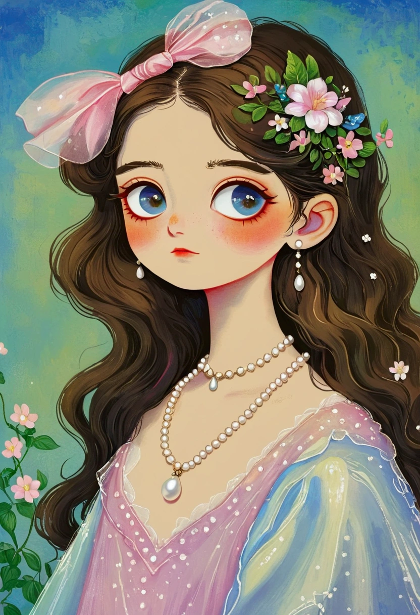 A painting,Pastel Art。Q version,Girl with a pearl necklace,big eyes,Leonardo da Vinci Art