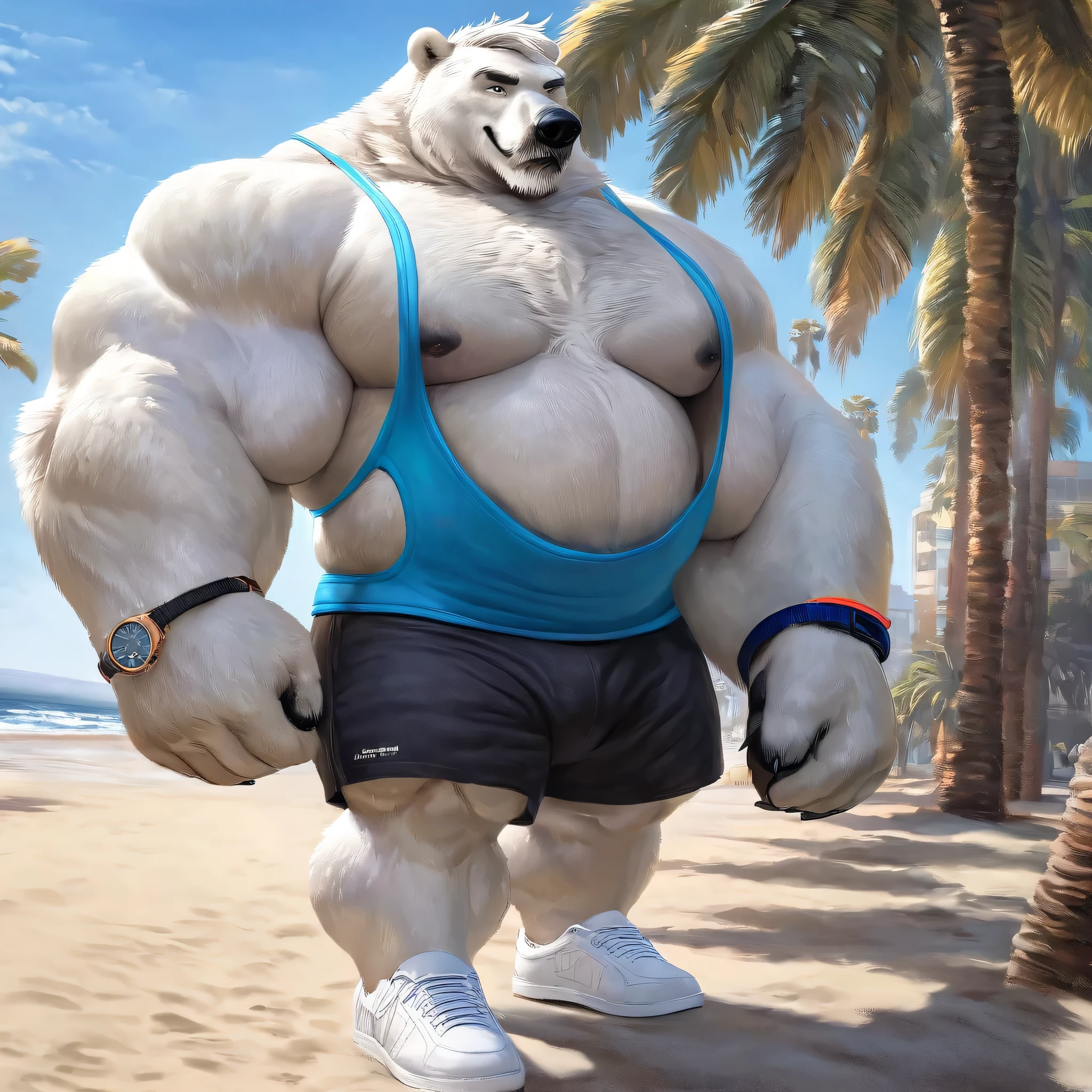huge muscular polar bear in L.A. beach, big smirk, polar bear, huge white fur, thick arm, huge arm, mustache, bearded. white hair and beard, bearded, (muscular, pectoral, wide pectoral, thick arms), beach, palm, realistic, 8k, masterpiece, detailed grey eyebrows, deatiled eyes with blue pupils, (wearing black shorts, wristband, watch, blue tank top and white shoes), rumbling his chest pectorals