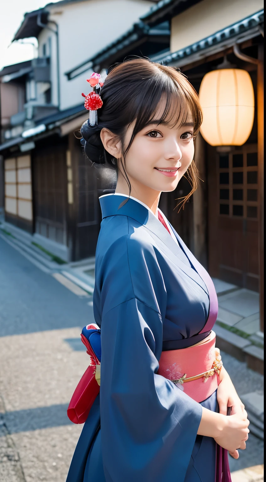 Professional Lighting,(Realistic:1.4), (Top image quality:1.0), (超High resolution:1.0), 8k, Raw photography, (masterpiece:0.2), (Dealing with the ren_v1:0.5)、(最高quality Detail:1.2)、Realistic、8kウルトラHD、High resolution、(1 girl:1.2)、超detailedな、High quality textures、複雑なdetailed、detailed、Very detailed CG、High quality shadows、detailed 美しく繊細な顔、Beautiful details and a delicate eye、(Symmetrical eyes:1.2),Written boundary depth、Ray Tracing,1 girl, Japanese Girls, (Natural smile:1.4),cute, thin, Portrait of a beautiful Japanese woman in a kimono, Standing elegantly on a street corner in Kyoto. Kimono with vibrant traditional patterns, Hair decorated with elegant and delicate hairpins, Gentle expression. (With the old streets of Kyoto in the background:1.4)、The soft light of a spring afternoon、Adding tranquility to the scene. Rendered in a Realistic style with great attention to detail, High resolutionの画像.Sky Porn,ic Hour, (Realistic:1.3), finely, quality, (Tabletop:1.2), (Realistic:1.2), (最高quality), (複雑なdetailed), dramatic, Ray Tracing, photograph, +roller