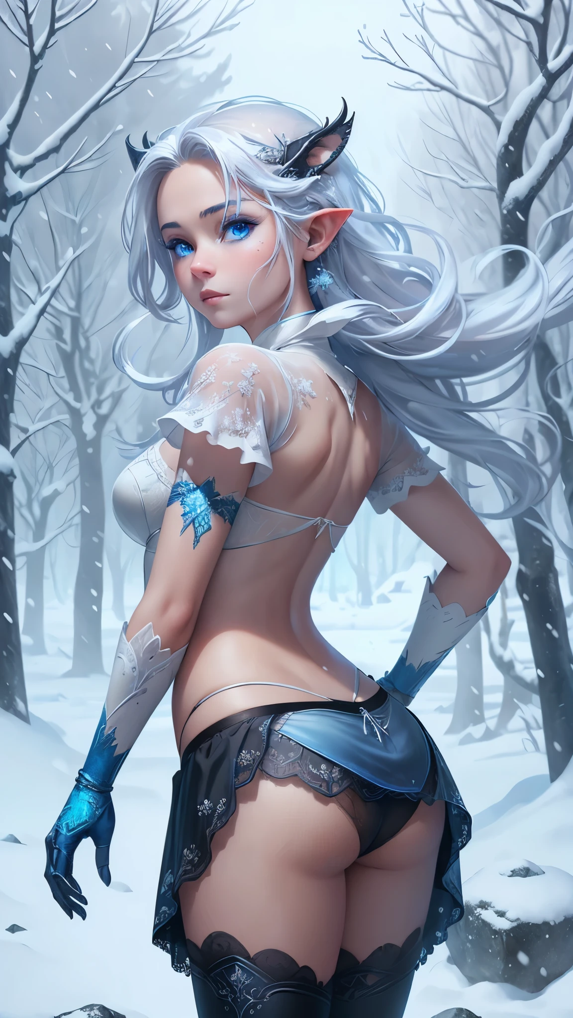 (rear view, backside view),(The best quality,A high resolution,Ultra - detailed,actual),The target,A world covered in silver, snow covered branches, winter chill touch, Snowflakes dance like elves, Turn the world into a silver fairy tale, chill, Calm and beautiful snow scene., Cozy Quiet, (seaArt 2.1), (background frozen white trees snow falling:1.4) , (beautiful blue eyes big stones black:1.4) , (cowboy pose ), (realistic) ,8K high quality detailed art, Fanart Mejor ArtStation, Fantasy art style, (transparent short black ta miniskirt:1.4) , (mostrando panties white:1.4) ,(panties), stockings bra,  leggings white,Unreal Engine:1.4,UHD,The best quality:1.4, Photorealistic:1.4, skin texture:1.4, masterpiece:1.8, Epic Fantasy Art Style HD, 4K fantasy art, epic fantasy digital art style, epic fantasy art style, Fantasy Woman, epic fantasy art portrait, Epic fantasy style, hyperrealistic fantasy art, hd fantasy art, Epic fantasy character art, epic fantasy art, in style of dark fantasy art, epic fantasy digital art, (face detailed :1.4), (anatomía perfecta detallado :1.4), (ojos hermosos azules detailed :1.4), (pose vaquero :1.4), More detailed 8K.motor irreal:1.4,UHD,La mejor calidad:1.4, fotorrealista:1.4, textura de la piel:1.4, obra maestra:1.8,obra-prima, mejor calidad,objeto Objeto], (detailed face features:1.3),(Las proporciones correctas),(Ojos hermosos azules),  (pose vaquero)