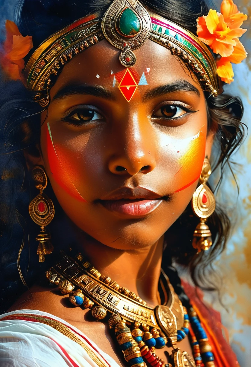 Painting of a ancient hindu goddess (((mythical))), ************, watercolor, erotic sexy triangle half body, clear face, glamourous, cinematic light, raw painting, fine arts, ((((Raw detail)))), masterpiece, Extremely Realistic, Realism, Portrait, Raw photo, cinematic neon lighting, oil painting, High detailed , brushed, Extremely Realistic, r4w photo, klmgirl,High-resolution detail capturing the natural texture of the skin, including pores, fine lines, and natural highlights and shadows, Emphasize a natural, healthy glow, showcasing the beauty of real dark skin, A graceful, confident posture with a gentle smile or a serene expression