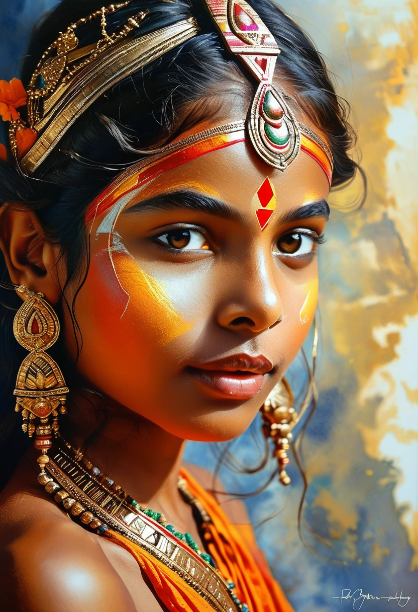 Painting of a ancient hindu goddess (((mythical))), , watercolor, erotic sexy triangle half body, clear face, glamourous, cinematic light, raw painting, fine arts, ((((Raw detail)))), masterpiece, Extremely Realistic, Realism, Portrait, Raw photo, cinematic neon lighting, oil painting, High detailed , brushed, Extremely Realistic, r4w photo, klmgirl,High-resolution detail capturing the natural texture of the skin, including pores, fine lines, and natural highlights and shadows, Emphasize a natural, healthy glow, showcasing the beauty of real dark skin, A graceful, confident posture with a gentle smile or a serene expression