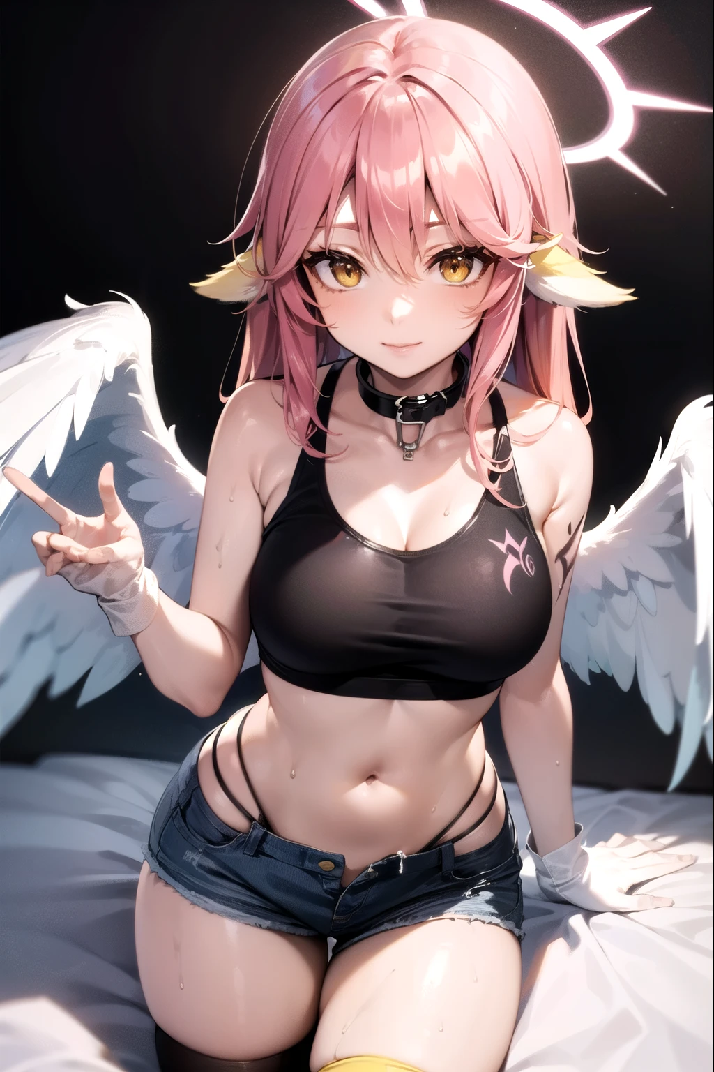 jibril, BREAK jibril, angel, angel wings, collar, animal ears, bird ears, compass rose halo, belly button, feathered wings, feathers, gradient hair, halo, long hair, low wings, multicolored hair, pink hair, symbol-shaped pupils, tattoo, chest tattoo, breast tattoo, thigh tattoo white wings, wing ears, wings, (yellow eyes:1.5), seductive look, seductive smile, smug, Shiny skin, wet, sweaty, sweat, oiled, big breast. Cleavage, clothing.
BREAK thighhighs, long gloves. Fully clothed. Midriff, tank top, short shorts. 
BREAK (masterpiece:1.2), best quality, high resolution, unity 8k wallpaper, (illustration:0.8), (beautiful detailed eyes:1.6), extremely detailed face, perfect lighting, extremely detailed CG, (perfect hands, perfect anatomy), narrow eyes.