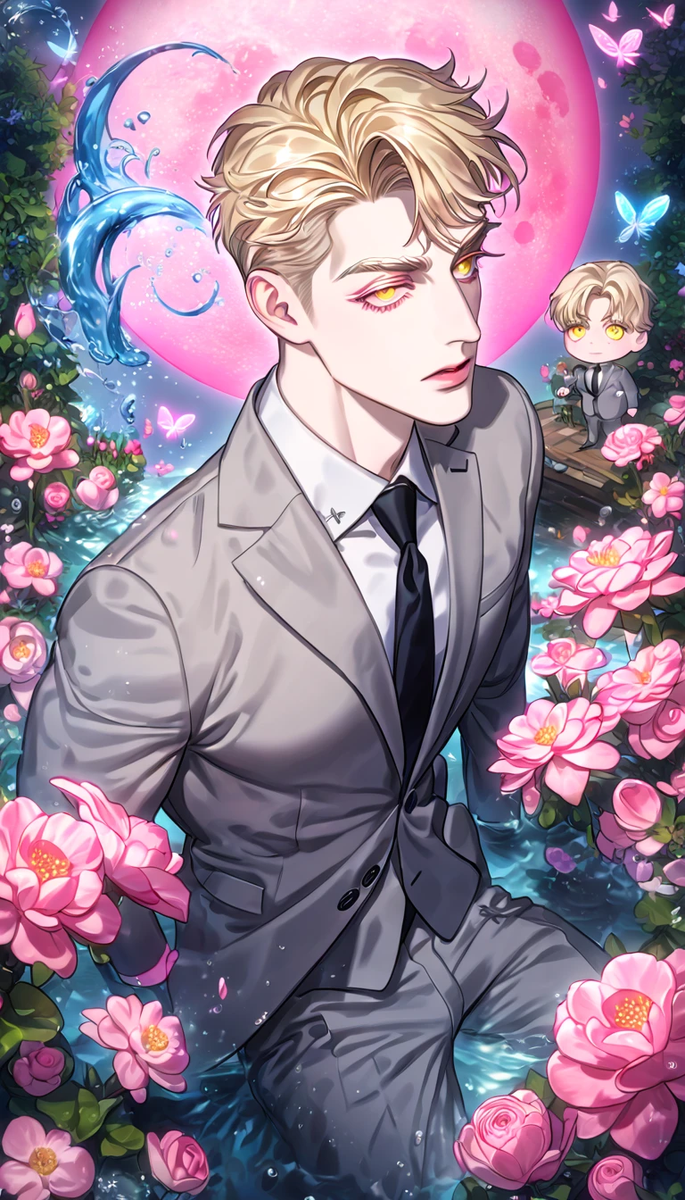 (absurdres, highres, ultra detailed, HDR) master piece, best quality, delicated features, Sung Hyunjae, ash-blonde hair, expressive yellow eyes, blonde eyelashes, The S-Classes That I Raised, solo, sexy man, handsome, gray suit, black necktie, white shirt, gray pants, fantasy, magical, water, pink moon, pink flowers, pink butterflies, garden