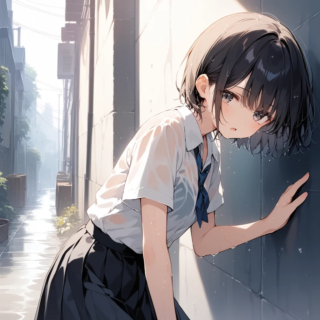 score_9, score_8_up, score_7_up, source_anime, best quality, masterpiece, official art, absurdres, highres, ultra-detailed,waifu2x,Collection: Slice of Life,break,1girl, very short hair, bob cut, small breasts, beautiful detailed eyes, expressionless, open mouth, (yawn:0.3), wet, wet clothes, school_uniform, see-through shirt, bra, wet skirt, sleepily, rainy, outdoors, against wall, alley, break,(clear line illustration:1.2), super detailed skin,very high resolution, very aesthetic, Best sexual lighting powered by famous artist, 8k,cute picture,beauty illustration,photoshop_(medium),,(Detailed Lighting),best anime 8k konachan wallpaper, pixiv contest winner,