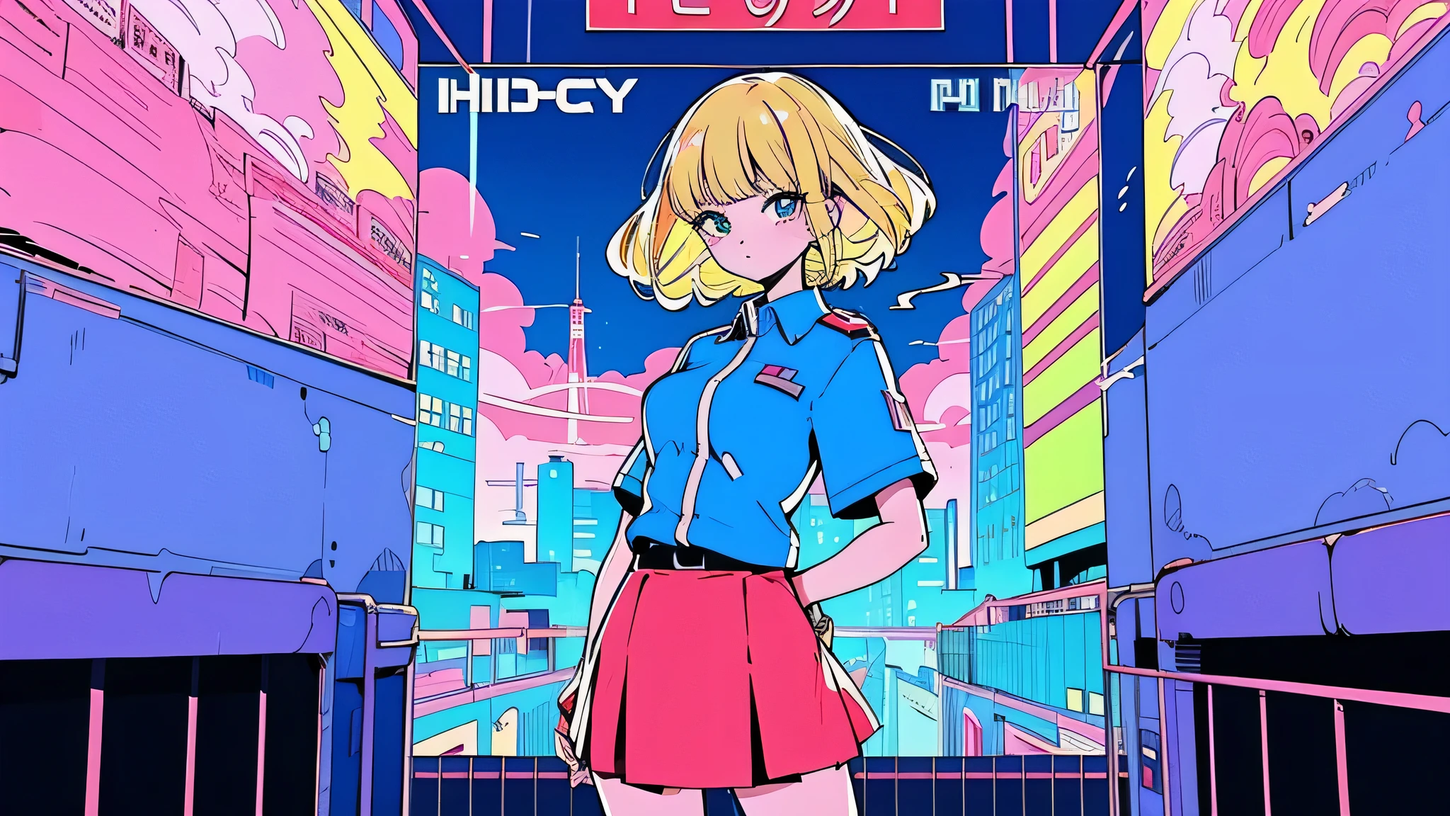 (80's, Retro, City Pop Poster:1.5), (Album cover), (masterpiece, Highest quality), (anime, figure), Best Photo Poses, Dynamic Angle, Cowboy Shot, girl, alone, 80 anime style, 19 year old Russian girl, blonde girl, shoulder-high hair, bangs, Smoke a cigarette, Wearing a white button-down shirt, Short sleeve , And a red skirt, Warzone, Green Eyes, Large Breasts, Wide Hips, A perfect eye for detail, Delicate face, blue eyes, Blonde,