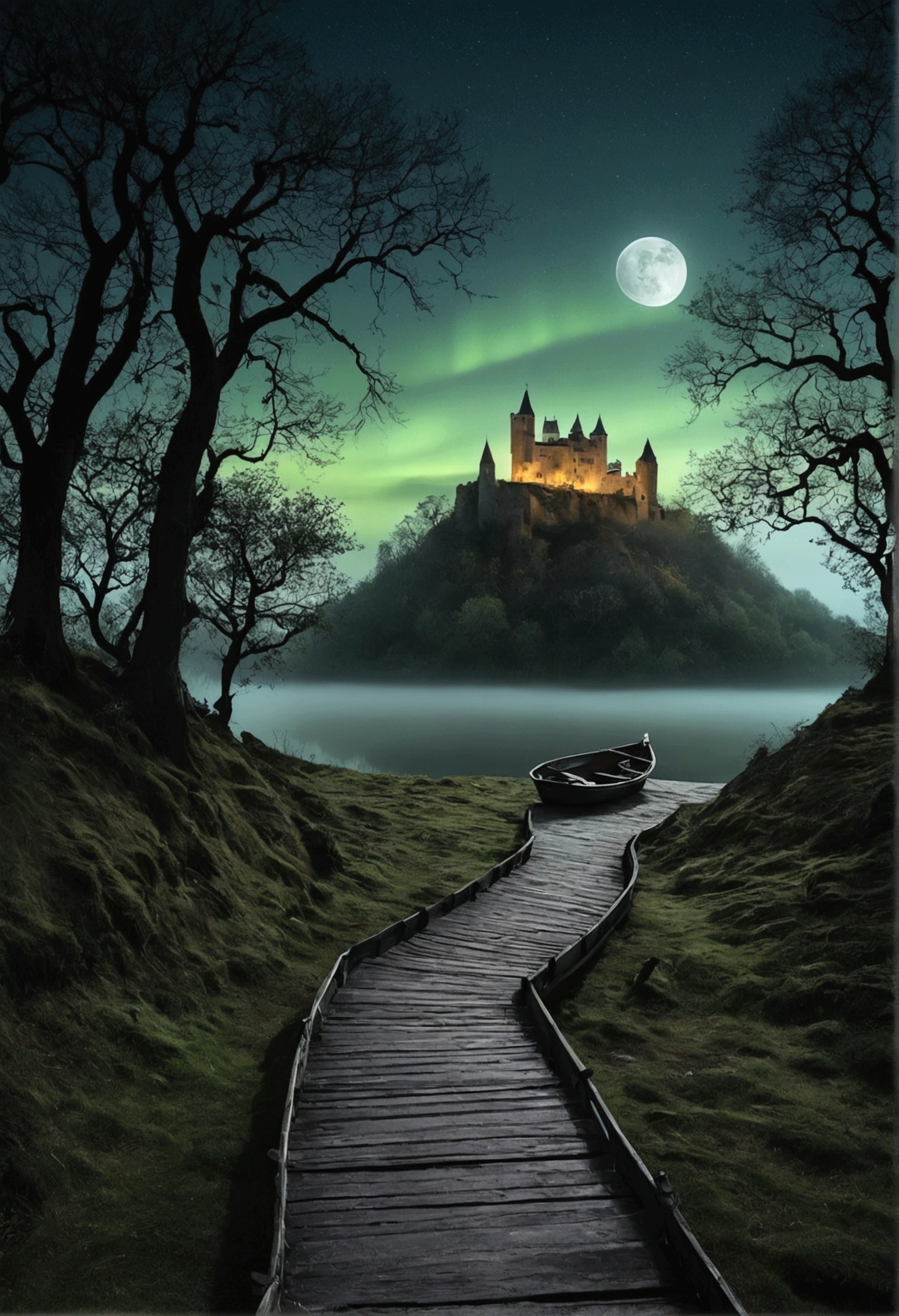 An enigmatic image that evokes a sense of mystery and curiosity. En el centro de la imagen, a winding path shrouded in fog, leading to a gloomy old castle on top of a hill. To the left of the path, a dense forest with twisted trees, whose shadows form almost human figures. On the right, a calm lake, reflecting the light of the full moon, with a boat adrift, empty and mysterious. in the sky, a starry sky with a subtle aurora borealis, adding a touch of magic and mystery. Scattered across the image, ancient symbols and illuminated runes, floating in mid - air, hinting at ancient secrets waiting to be discovered.
