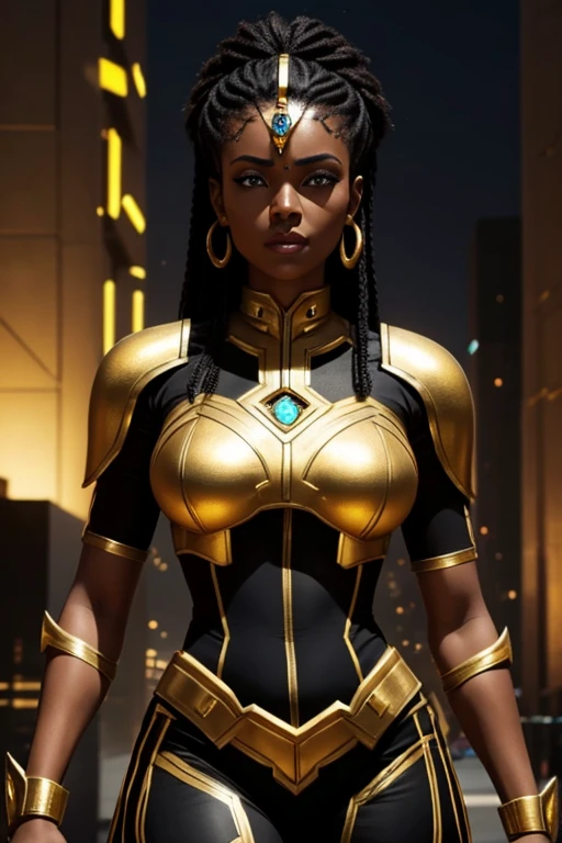 Ethiopian woman, ethnically Ethiopian, muscular and athletic woman, in early thirties, wearing black and gold luxtech, ethnic jewelry, wearing black and gold futuristic power armor that has no helmet, cyberpunk themed, combat ready mercenary